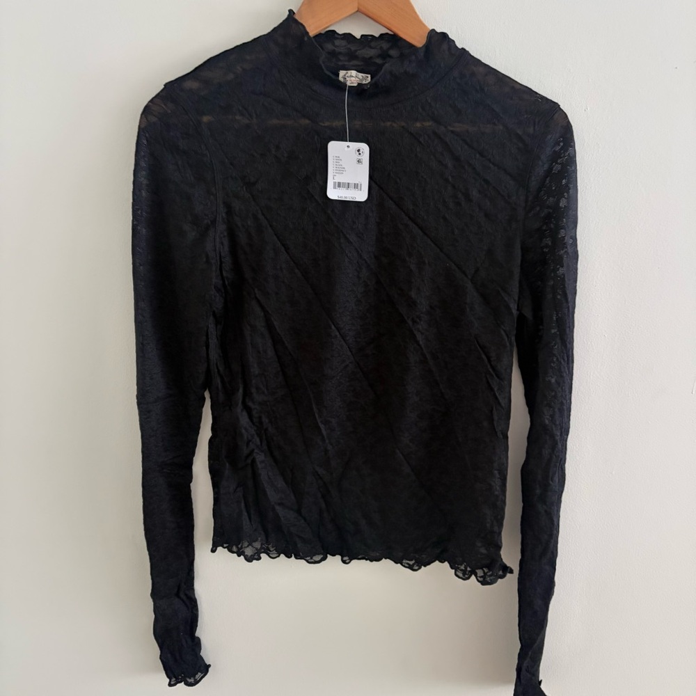 Free People Black Lace Long Sleeve Top NWT